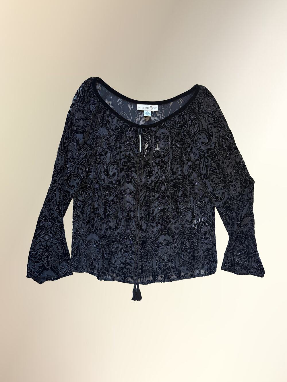 NWT Petite Sophisticate Black Velvet Burnout Paisley Tie Front Blouse Sz 10
